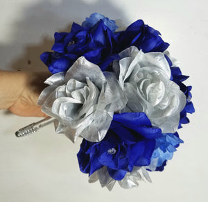 Royal Blue Silver White Rose Bridal Wedding Bouquet Accessories