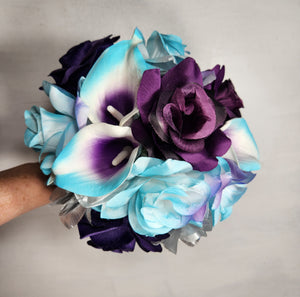 Purple Turquoise Eggplant Silver Rose Calla Lily Bridal Wedding Bouquet Accessories