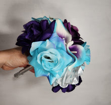 Load image into Gallery viewer, Purple Turquoise Eggplant Silver Rose Calla Lily Bridal Wedding Bouquet Accessories