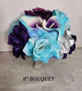 Purple Turquoise Eggplant Silver Rose Calla Lily Bridal Wedding Bouquet Accessories