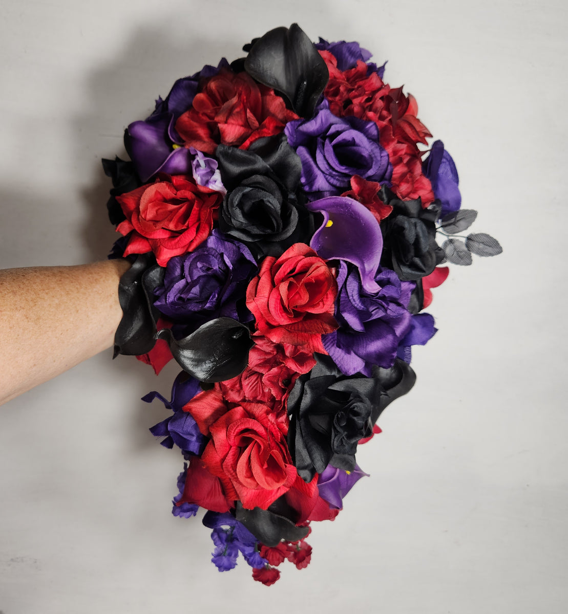 Wedding bouquet centerpiece, Jr. bridesmaid bouquet, Red black bacarra rose calla wedding flowers, shops Wedding decor