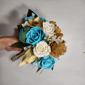 Turquoise Ivory Gold Rose Sola Wood Bridal Wedding Bouquet Accessories