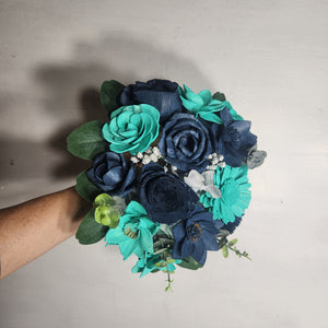 Aqua Navy Blue Rose Real Touch Bridal Wedding Bouquet Accessories