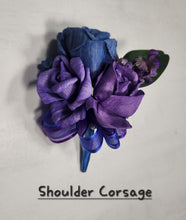 Load image into Gallery viewer, Purple Royal Blue Rose Call Lily Sola Wood Bridal Wedding Bouquet Accessories