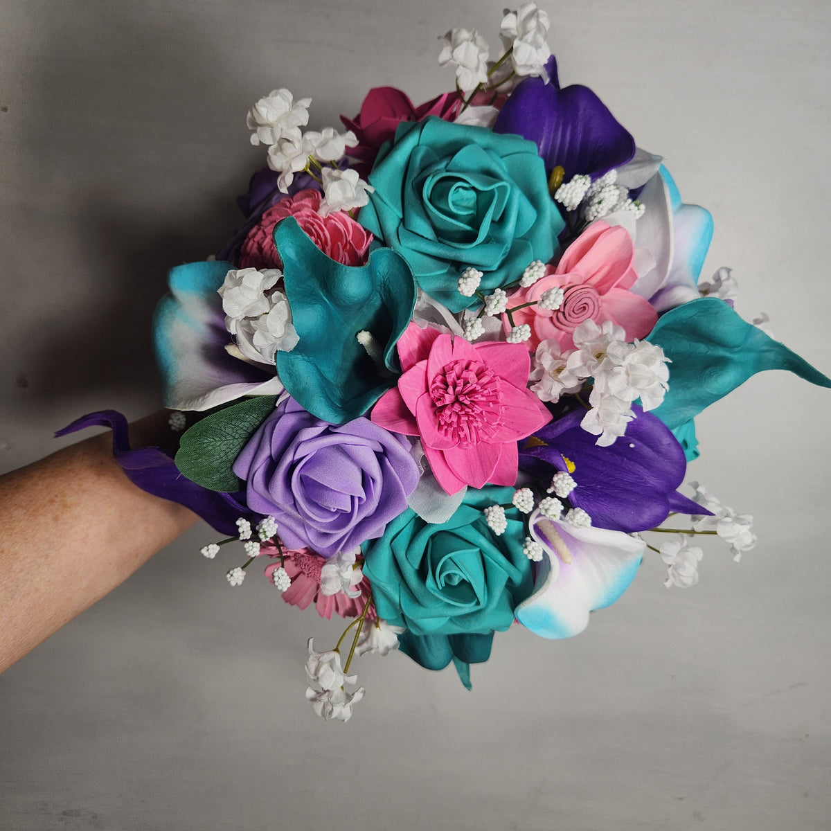 Pink Purple Teal Rose Calla Lily Sola Wood Bridal Wedding Bouquet  Accessories, image size:1200x1200