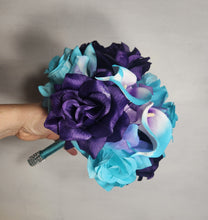 Load image into Gallery viewer, Purple Turquoise Rose Calla Lily Bridal Wedding Bouquet Accessories