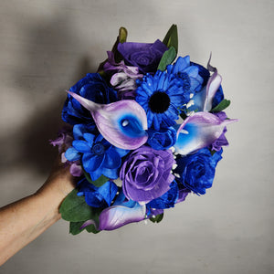 Purple Royal Blue Rose Call Lily Sola Wood Bridal Wedding Bouquet Accessories