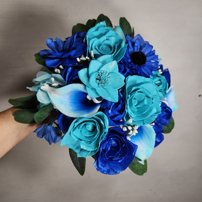 Turquoise Royal Blue Rose Calla Lily Real Touch Bridal Wedding Bouquet Accessories
