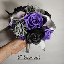 Load image into Gallery viewer, Purple Silver Black Rose Calla Lily Sola Wood Bridal Wedding Bouquet Accessories