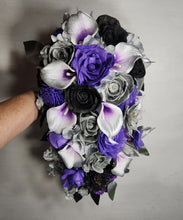 Load image into Gallery viewer, Purple Silver Black Rose Calla Lily Sola Wood Bridal Wedding Bouquet Accessories