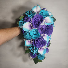 Load image into Gallery viewer, Purple Turquoise Rose Calla Lily Real Touch Bridal Wedding Bouquet Accessories