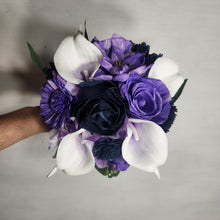 Load image into Gallery viewer, Purple Navy Blue Rose Calla Lily Sola Bridal Wedding Bouquet Accessories