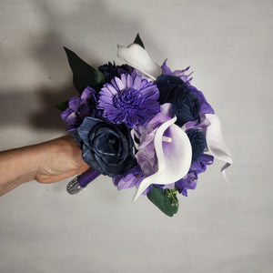 Purple Navy Blue Rose Calla Lily Sola Bridal Wedding Bouquet Accessories