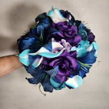 Load image into Gallery viewer, Purple Teal Navy Blue Rose Tiger Lily Bridal Wedding Bouquet Accessories