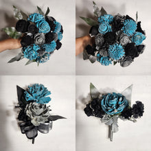 Load image into Gallery viewer, Turquoise Black Silver Rose Sola Wood Bridal Wedding Bouquet Accessories