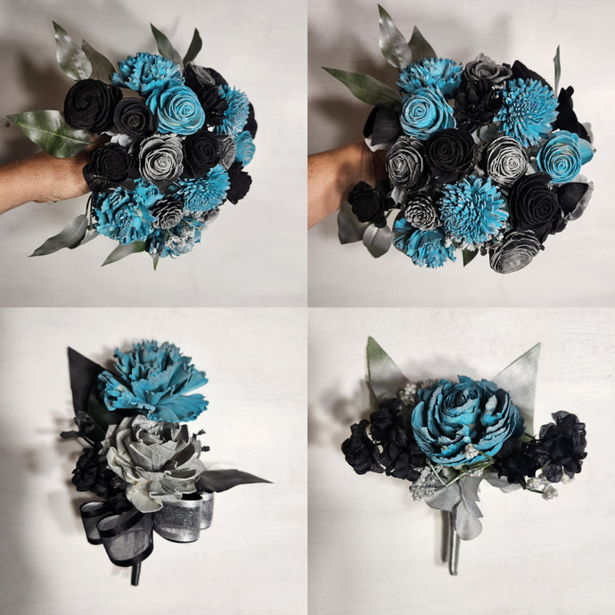 Turquoise Black Silver Rose Sola Wood Bridal Wedding Bouquet Accessories