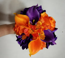 Load image into Gallery viewer, Orange Purple Rose Calla Lily Bridal Wedding Bouquet Accessories