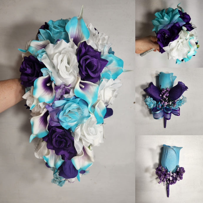 Purple Teal White Rose Calla Lily Bridal Wedding Bouquet Accessories