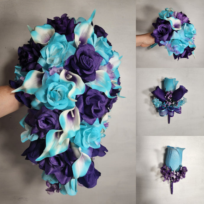 Purple Turquoise Rose Calla Lily Bridal Wedding Bouquet Accessories