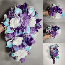 Load image into Gallery viewer, Purple Turquoise White Rose Calla Lily Orchid Bridal Wedding Bouquet Accessories