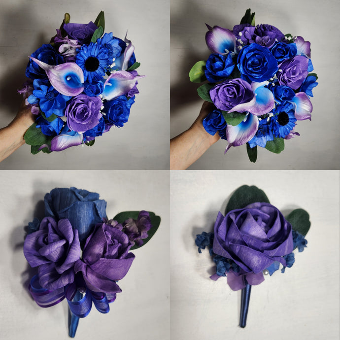 Purple Royal Blue Rose Call Lily Sola Wood Bridal Wedding Bouquet Accessories
