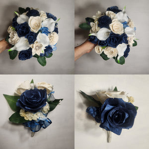 Navy Blue Ivory Rose Calla Lily Sola Wood Bridal Wedding Bouquet Accessories