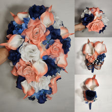 Load image into Gallery viewer, Coral Navy Blue White Rose Calla Lily Bridal Wedding Bouquet Accessories