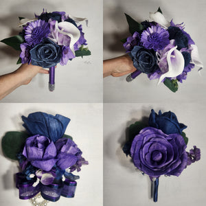 Purple Navy Blue Rose Calla Lily Sola Bridal Wedding Bouquet Accessories