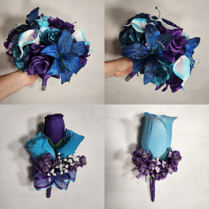 Purple Teal Navy Blue Rose Tiger Lily Bridal Wedding Bouquet Accessories