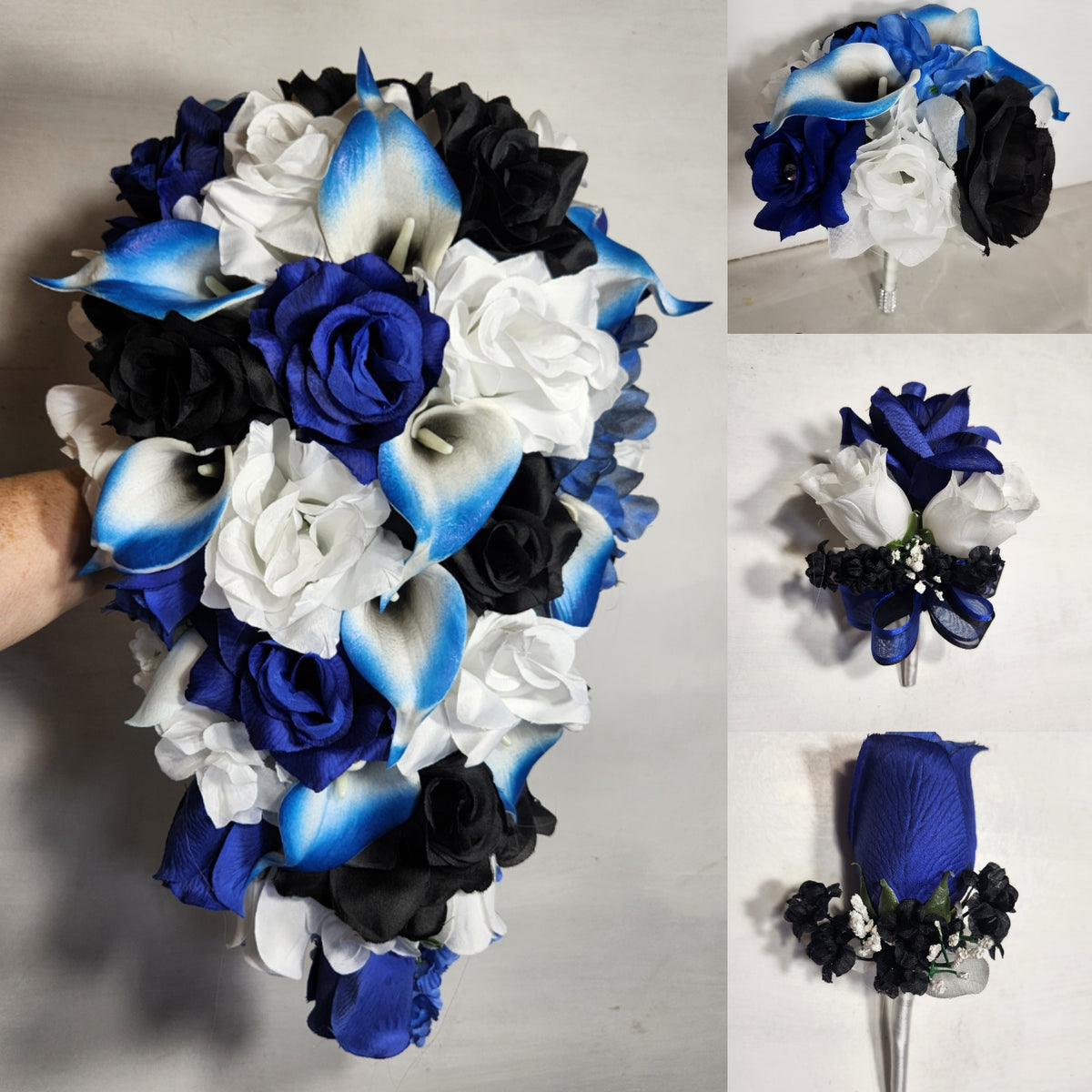 Royal Blue Black White Rose Calla Lily Bridal Wedding Bouquet Accessories