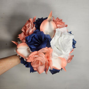Coral Navy Blue White Rose Calla Lily Bridal Wedding Bouquet Accessories