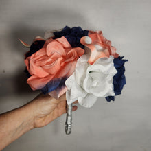 Load image into Gallery viewer, Coral Navy Blue White Rose Calla Lily Bridal Wedding Bouquet Accessories