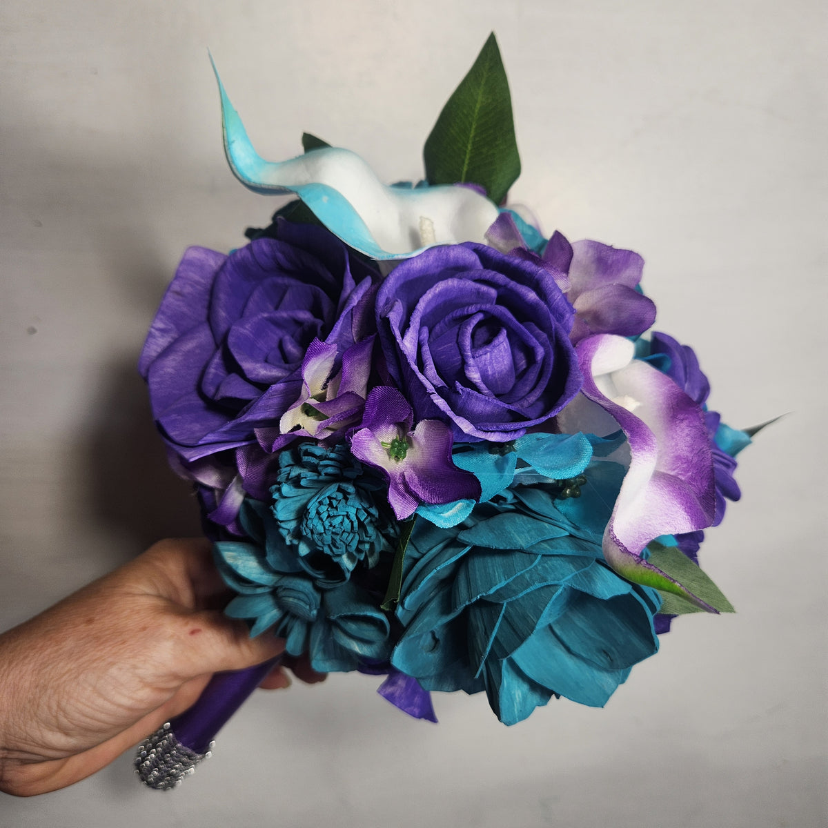 Purple Teal Rose Calla Lily Sola Wood Bridal Wedding Bouquet Accessori ...