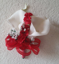 Load image into Gallery viewer, Red White Rose Calla Lily Bridal Wedding Bouquet Accessories