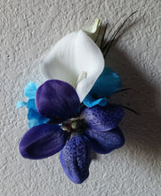Load image into Gallery viewer, Peacock Royal Blue Purple Turquoise Ivory Calla Lily Orchid Bridal Wedding Bouquet Accessories