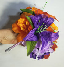Load image into Gallery viewer, Orange Purple Rose Tiger Lily Bridal Wedding Bouquet Accessories