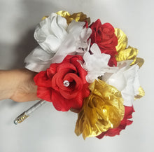 Load image into Gallery viewer, Red White Gold Rose Bridal Wedding Bouquet Accessories