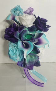 Purple Turquoise White Rose Orchid Bridal Wedding Bouquet Accessories