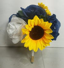Load image into Gallery viewer, Navy Blue White Rose Sunflower Calla Lily Bridal Wedding Bouquet Accessories