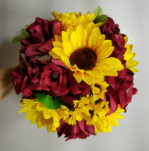 Burgundy Rose Calla Lily Sunflower Bridal Wedding Bouquet Accessories