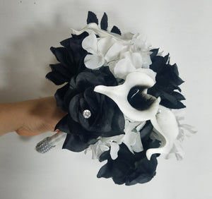 Black White Rose Calla Lily Bridal Wedding Bouquet Accessories