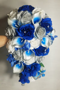Horizon Royal Blue Silver Rose Calla Lily Bridal Wedding Bouquet Accessories