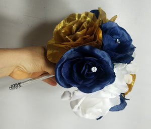 Navy Blue White Gold Rose Bridal Wedding Bouquet Accessories
