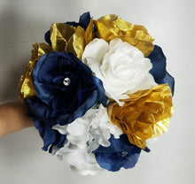 Load image into Gallery viewer, Navy Blue White Gold Rose Bridal Wedding Bouquet Accessories
