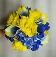Load image into Gallery viewer, Royal Blue Yellow Rose Calla Lily Bridal Wedding Bouquet Accessories