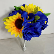 Load image into Gallery viewer, Royal Blue Rose Cala Lily Sunflower Bridal Wedding Bouquet Accessories