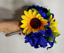 Load image into Gallery viewer, Royal Blue Rose Cala Lily Sunflower Bridal Wedding Bouquet Accessories