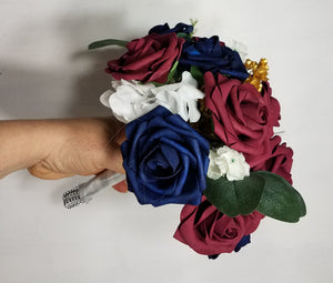 Burgundy Navy Blue Ivory Rose Bridal Wedding Bouquet Accessories