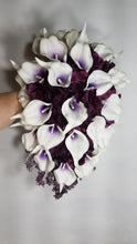 Load image into Gallery viewer, Eggplant White Hydrangea Calla Lily Bridal Wedding Bouquet Accessories