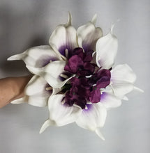 Load image into Gallery viewer, Eggplant White Hydrangea Calla Lily Bridal Wedding Bouquet Accessories